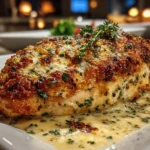 Freshly prepared Garlic Parmesan Chicken on white plate