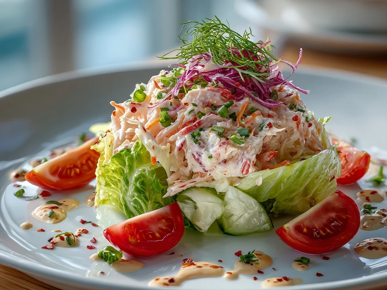 Freshly prepared Paleo Crab Louie salad close-up