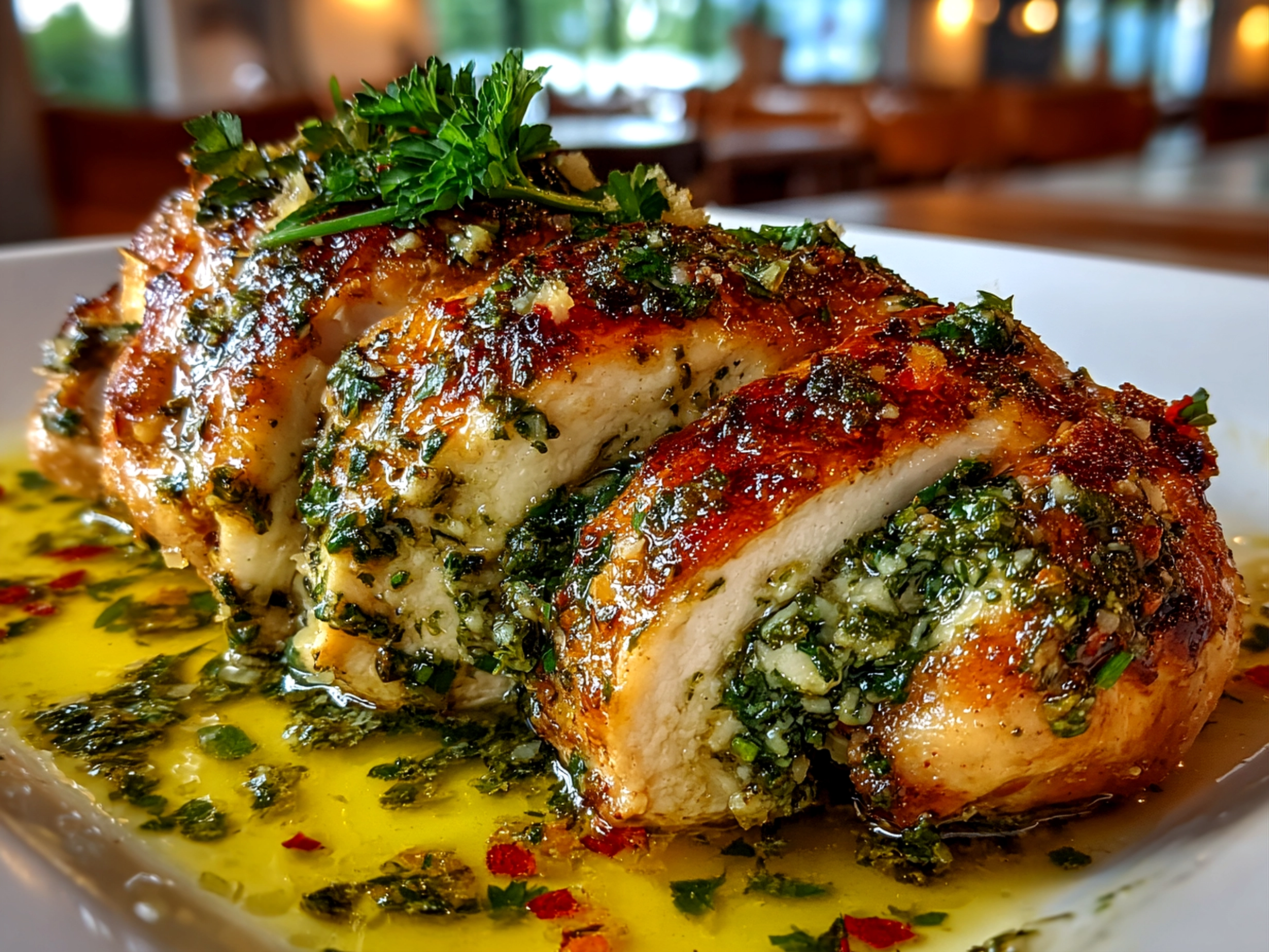Freshly prepared Pesto Stuffed Chicken plated on white dish