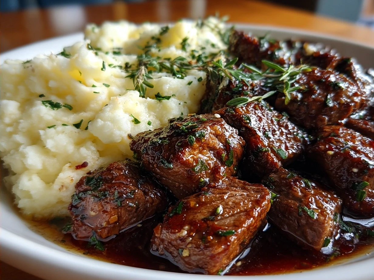 Plated Garlic Butter Beef Bites with Creamy Mashed Potatoes meal ready to eat