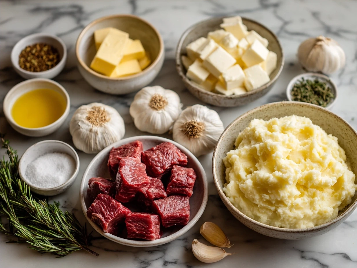 Ingredients for Garlic Butter Beef Bites with Creamy Mashed Potatoes showing beef, butter, garlic, potatoes, and herbs