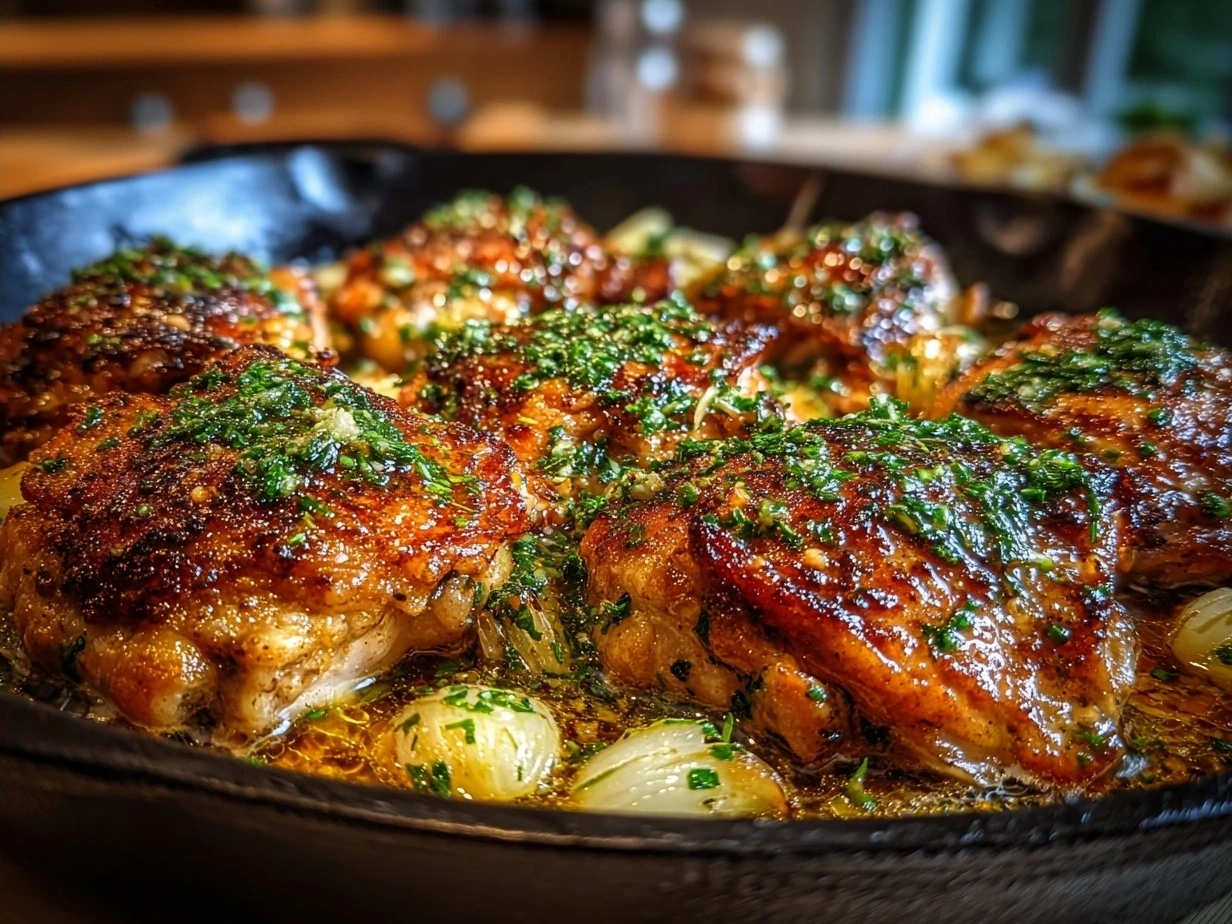 Finished Garlic Butter Chicken Thigh Skillet served in a skillet with parsley garnish