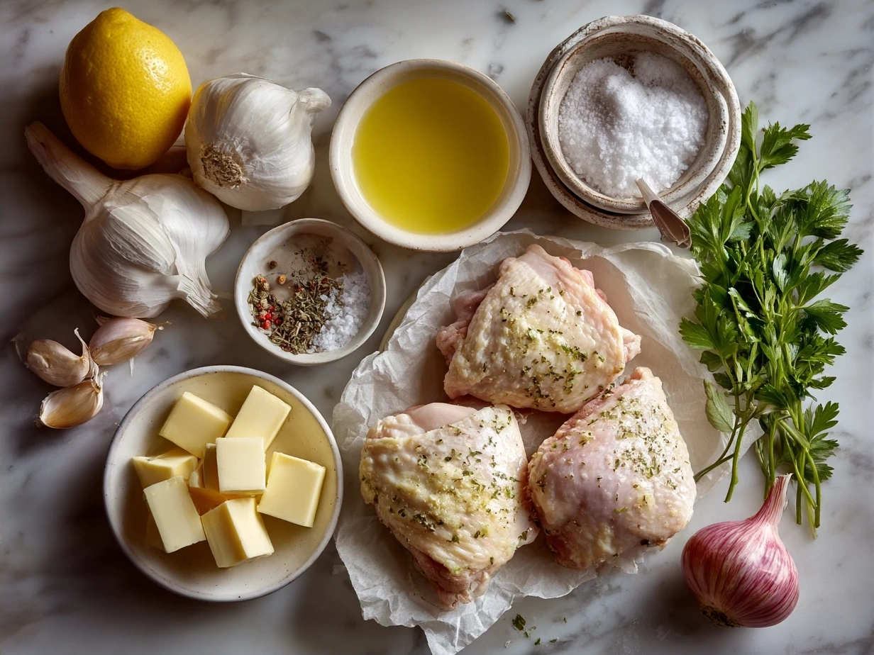Ingredients for Garlic Butter Chicken Thigh Skillet laid out
