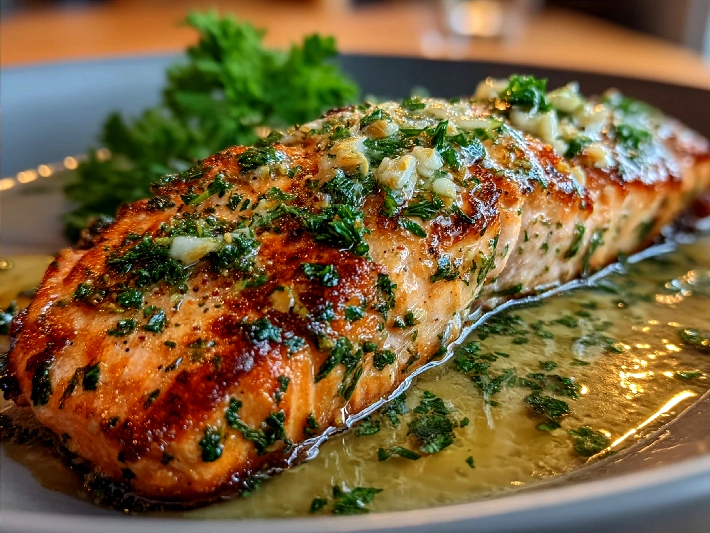 Serving suggestion of Garlic Butter Lemon Salmon with roasted green beans and quinoa