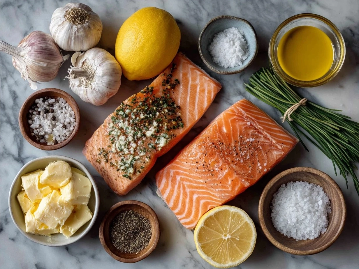 Ingredients for Garlic Butter Lemon Salmon including salmon fillets, butter, garlic, lemon, olive oil, salt, pepper, and parsley