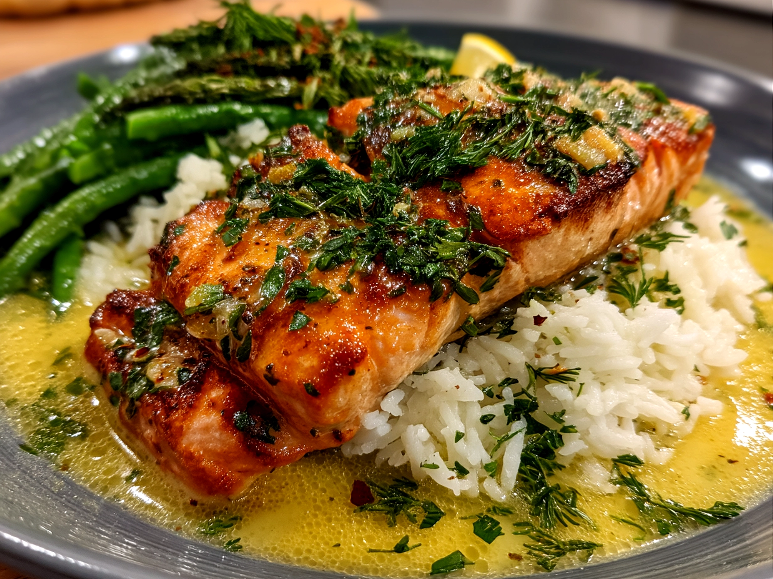 Serving of Garlic Butter Salmon with fresh herbs and lemon wedge on a plate
