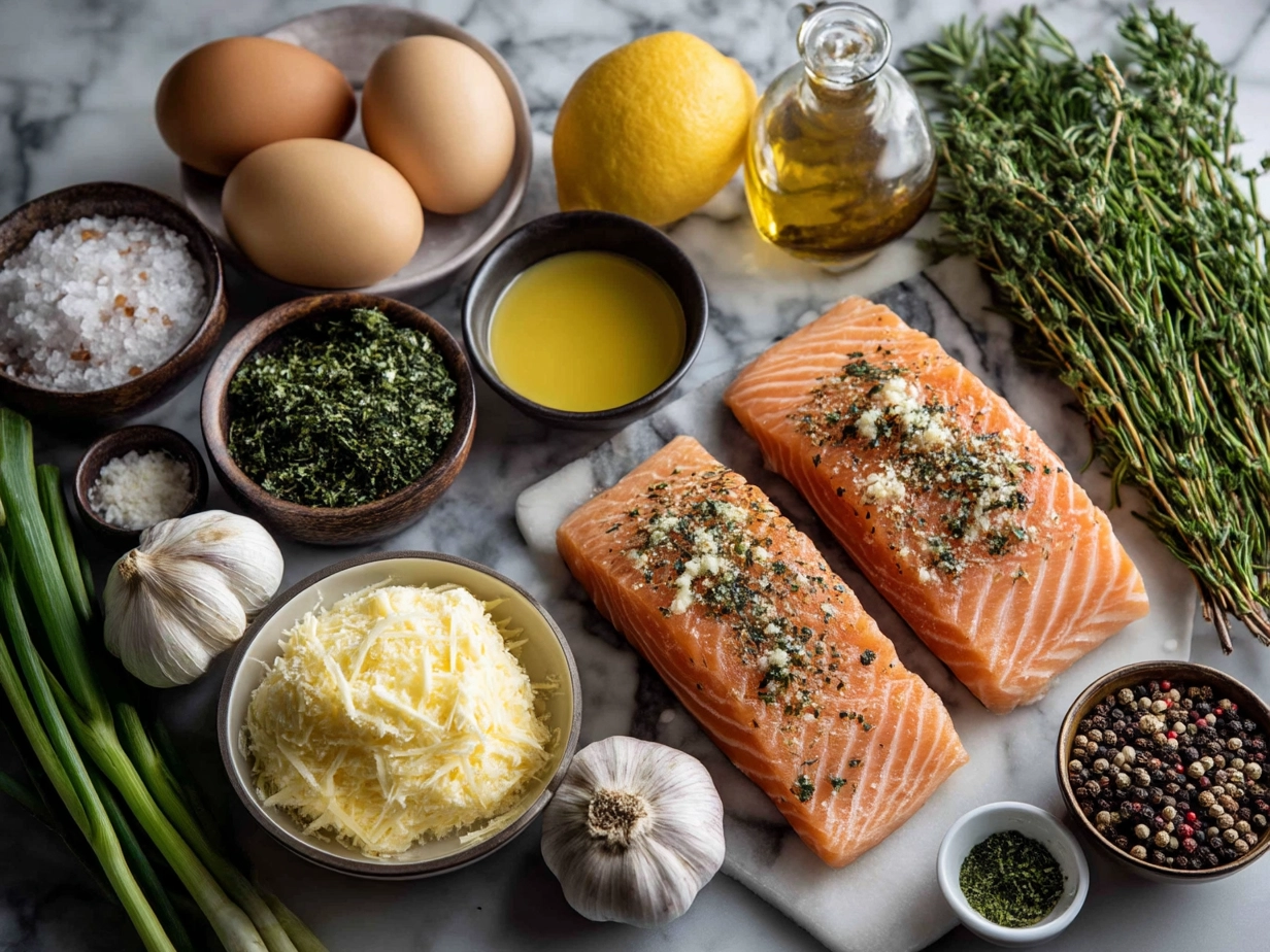 Ingredients for Garlic Butter Salmon including salmon fillets, garlic, butter, lemon and herbs