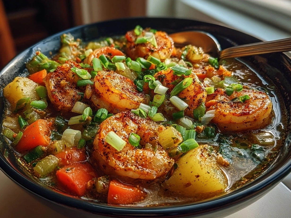 Finished Garlic Shrimp Bowl served with fresh herbs and vegetables