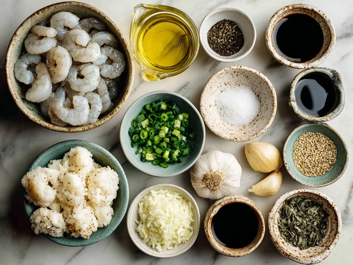 Ingredients for Garlic Shrimp Bowl showing shrimp, garlic, olive oil, rice, vegetables, and lemon