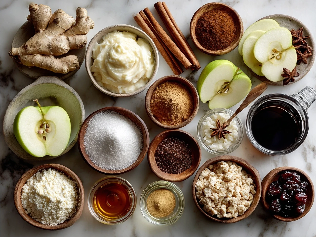 Ingredients for Ginger-Spiced Apple Holiday Bake including apples, spices, oats, nuts, and coconut oil