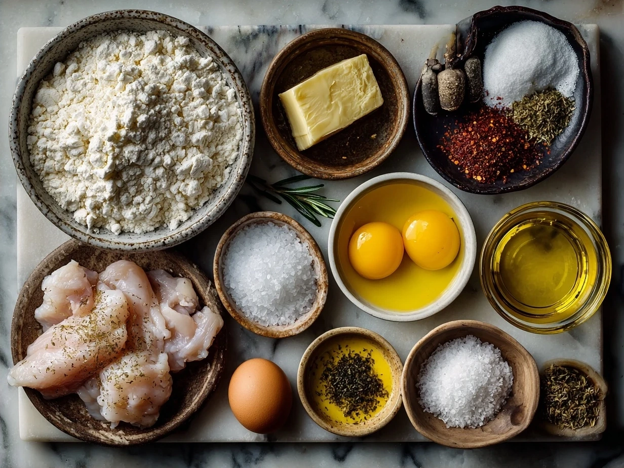 Ingredients for gluten free chicken tenders including chicken, almond flour, spices, eggs, and olive oil