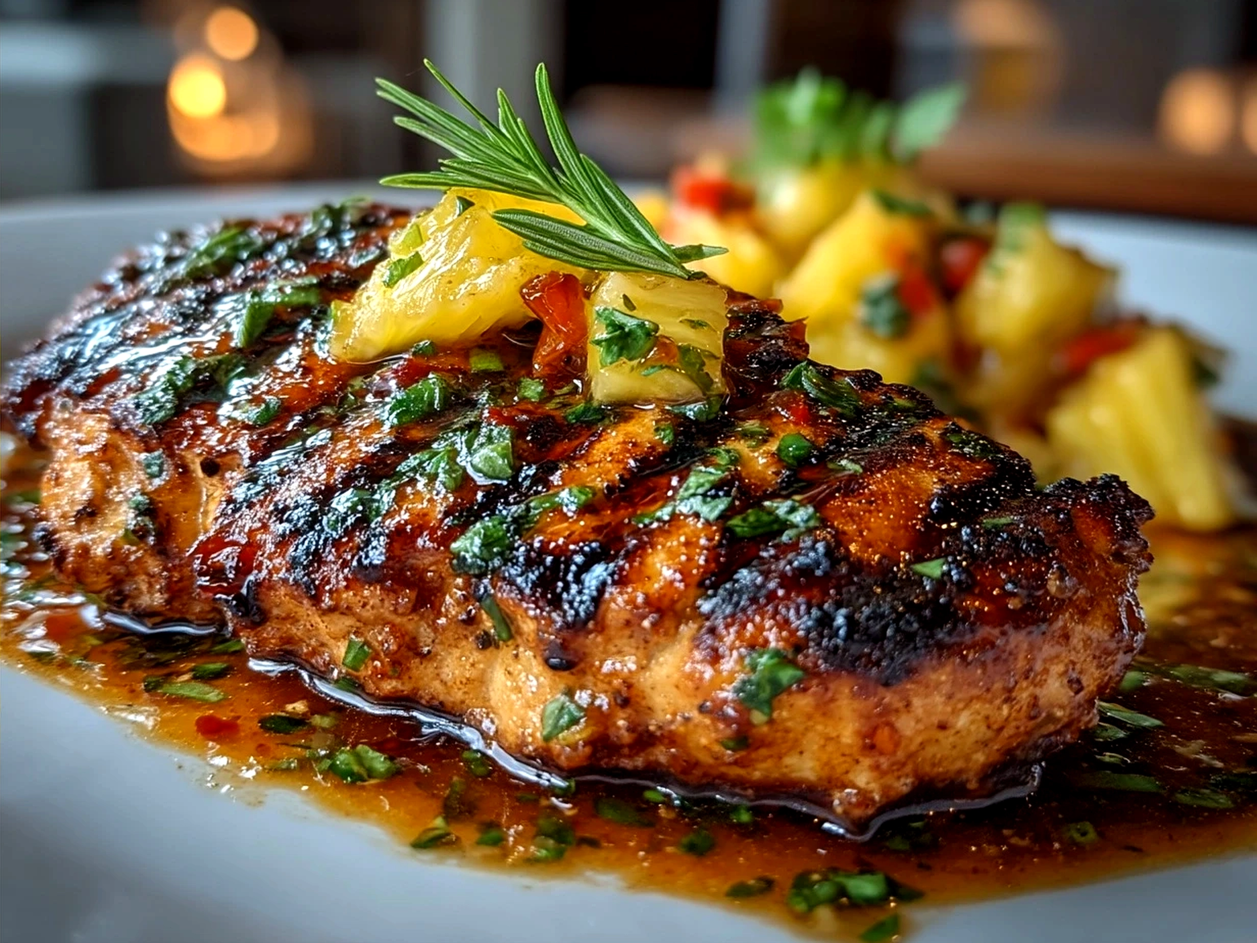 Serving suggestion of Grilled Mango Pineapple Chicken with coconut rice and fresh green salad