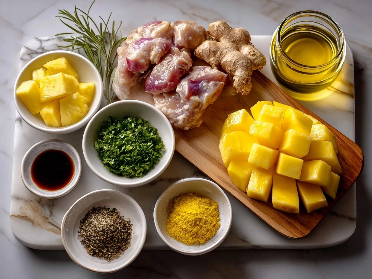 Ingredients for Grilled Mango Pineapple Chicken including mango, pineapple, chicken breasts, garlic, and spices