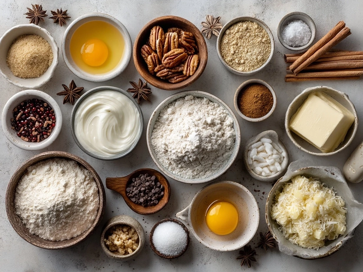 Ingredients for Holiday Cookies including whole wheat flour, almond butter, maple syrup, and dark chocolate chips