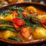 Home cook, iPhone 14. Close-up slight angle of comforting roasted veg soup in rustic bowl. Rich inviting --ar 4:3 --style raw --s 240