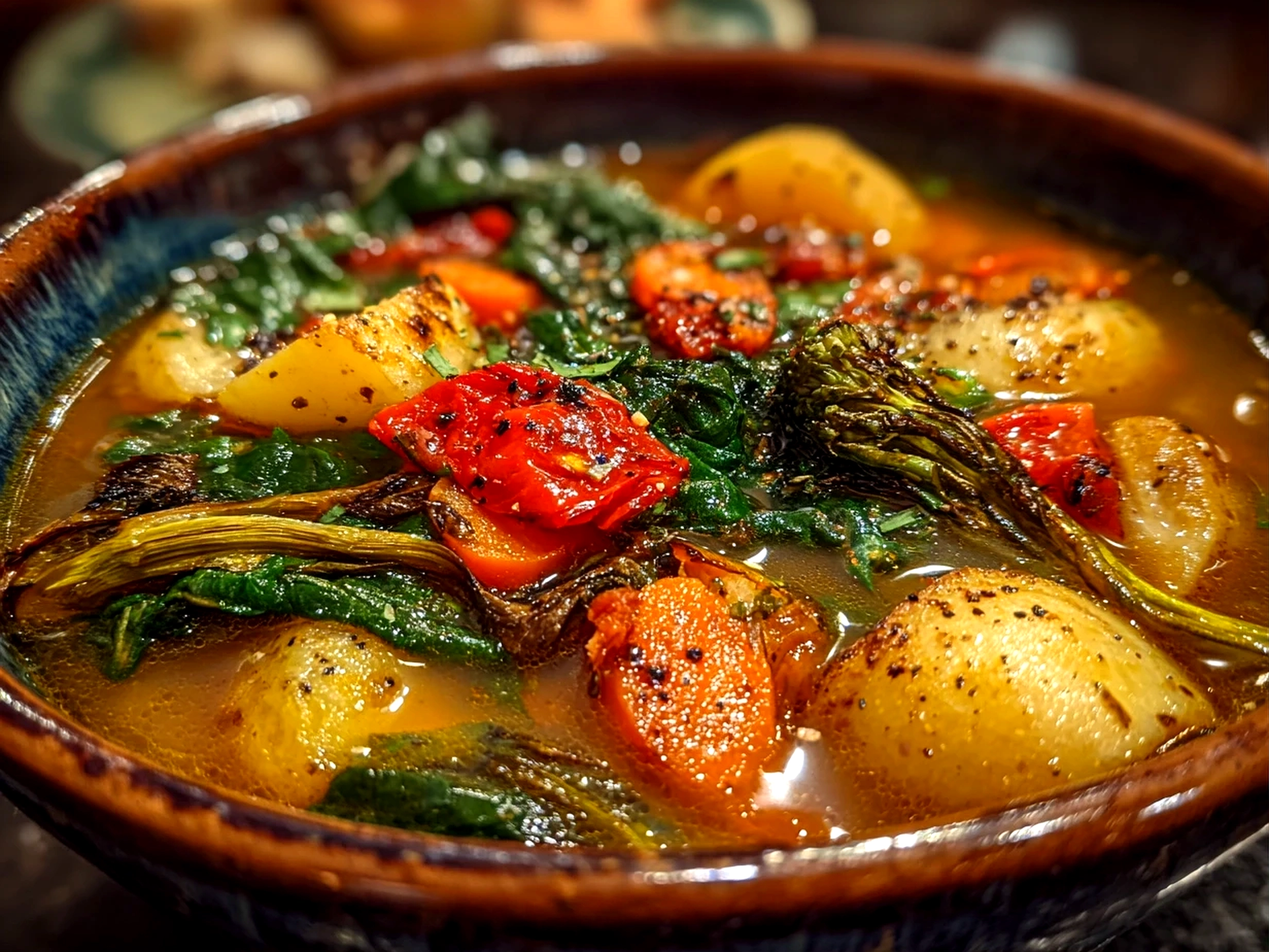 Home cook, iPhone 14. Close-up slight angle of comforting roasted veg soup in rustic bowl. Rich inviting --ar 4:3 --style raw --s 240