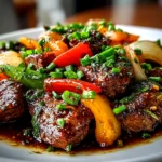 home cook, iPhone 14. Close-up slight angle of freshly prepared Chinese Pepper Steak on white plate. rich inviting --ar 4:3 --style raw --s 245