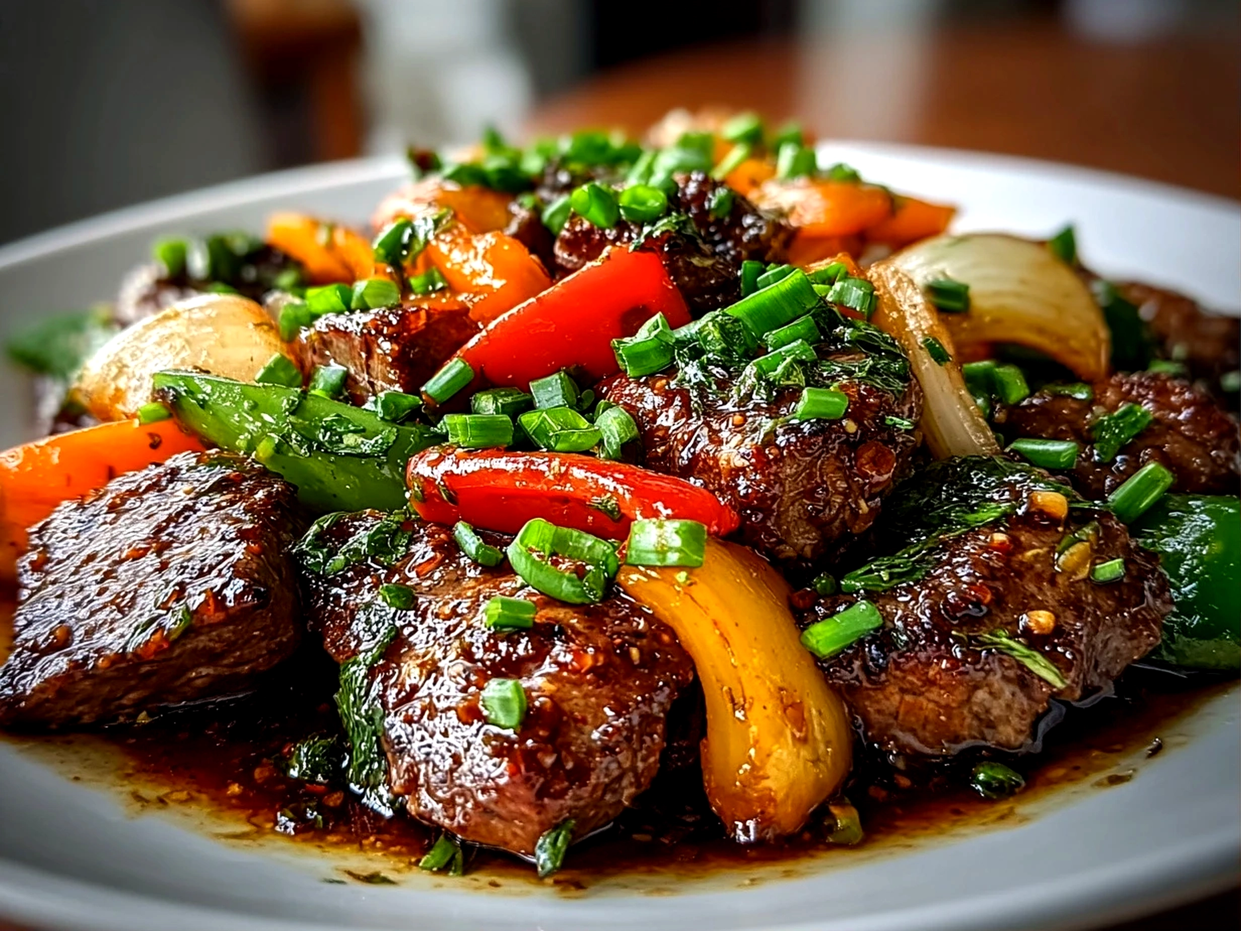 home cook, iPhone 14. Close-up slight angle of freshly prepared Chinese Pepper Steak on white plate. rich inviting --ar 4:3 --style raw --s 245