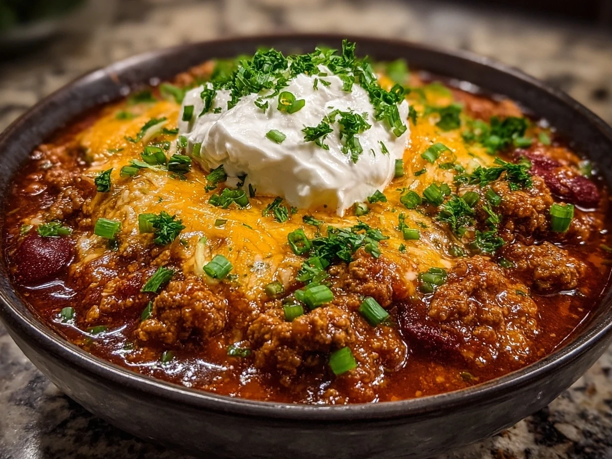 Home cook holding a bowl of finished Turkey Burger Chili, showing the hearty texture and vibrant toppings