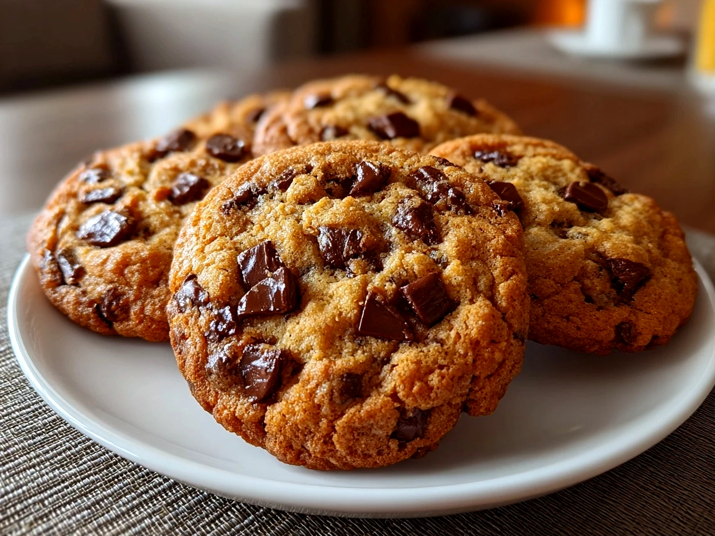 Homemade chocolate chip cookies on white plate