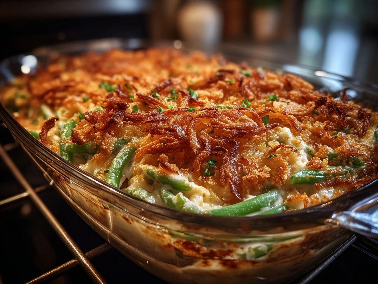Baked Homemade Green Bean Casserole with golden crispy onions on top