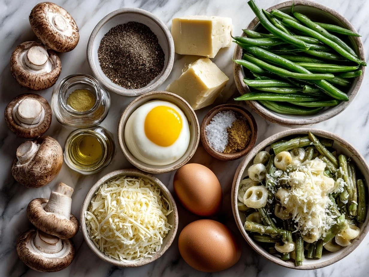 Ingredients for Homemade Green Bean Casserole including fresh green beans, mushrooms, onion, garlic, and crispy onions