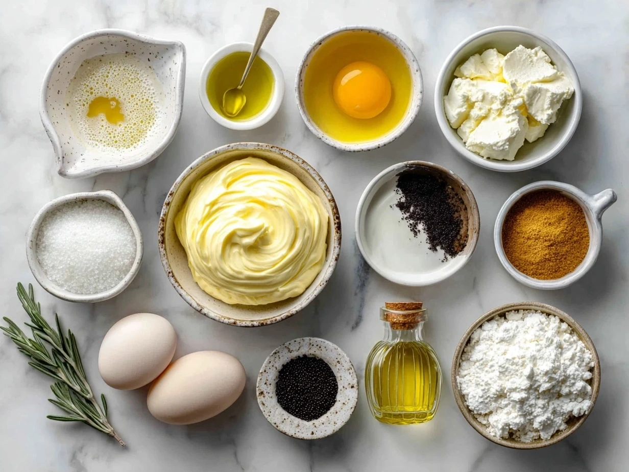 Ingredients for homemade mayonnaise: egg yolk, oil, mustard, vinegar, salt