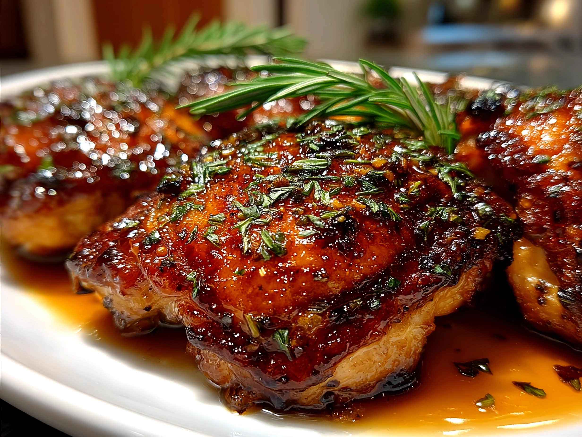 Honey Garlic Chicken Thighs served on a rustic platter with garnish
