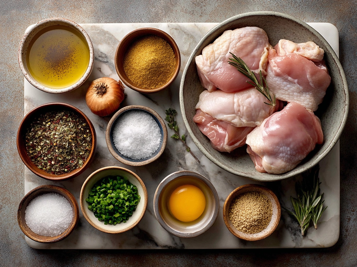 Ingredients for Honey Garlic Chicken Thighs laid out on a kitchen counter