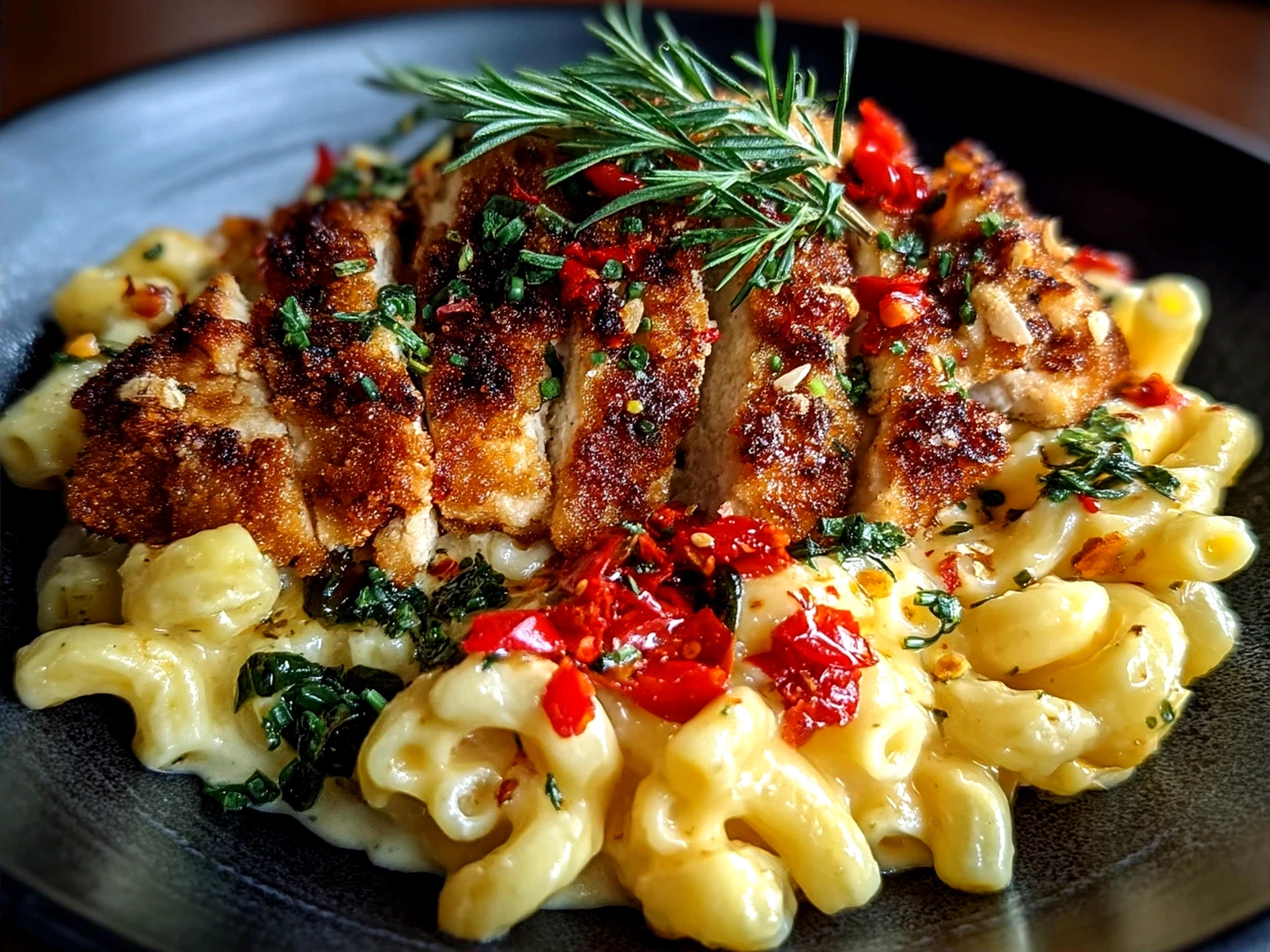 Served Honey Pepper Chicken Mac and Cheese garnished with fresh parsley on a plate ready to eat.