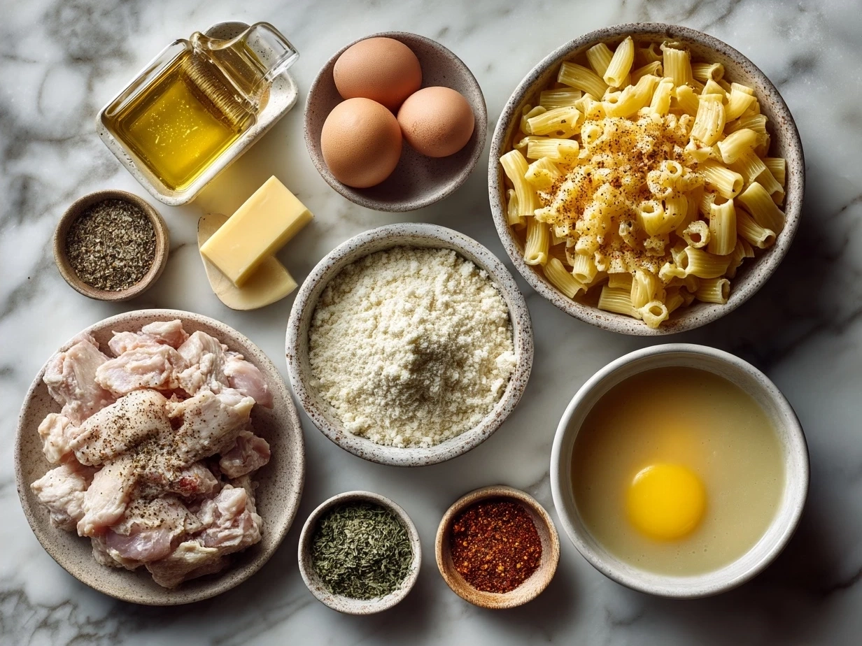 Ingredients laid out for Honey Pepper Chicken Mac and Cheese including pasta, cheese, chicken, honey, and spices.