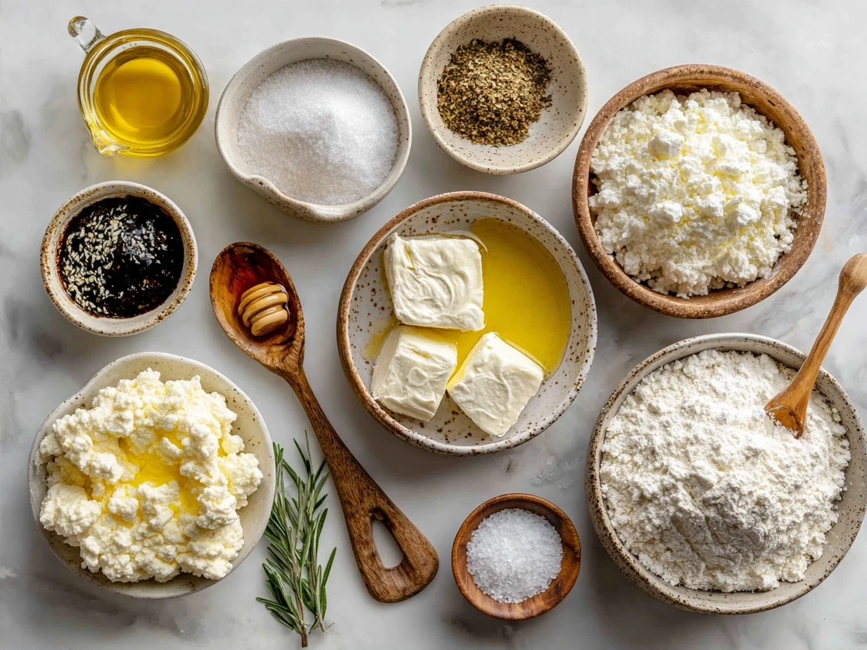 Ingredients for Honey Ricotta Pizza including ricotta, honey, olive oil, herbs, and pizza crust