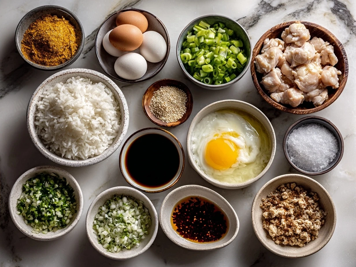 Ingredients for Honey Sriracha Chicken Rice Bowls arranged on a kitchen table