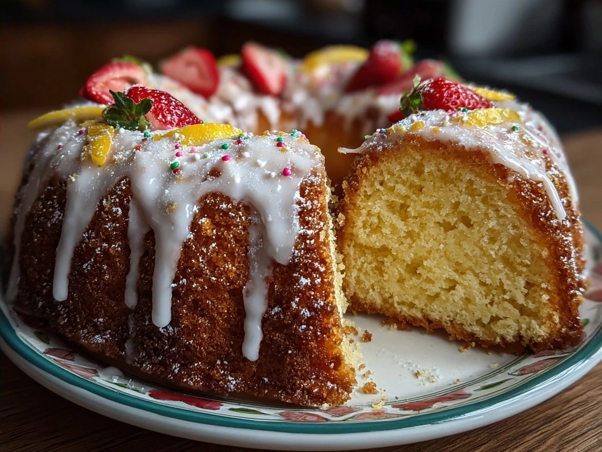 Final slice of Italian Love Cake on a white plate with a fork, garnished with fresh mint and powdered sugar