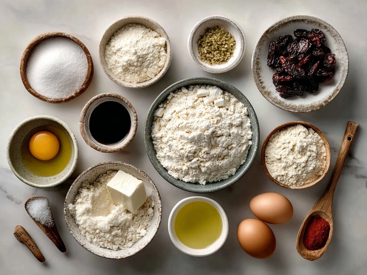 Ingredients for Italian Love Cake laid out on a kitchen counter with almond flour, eggs, mascarpone, and other essentials