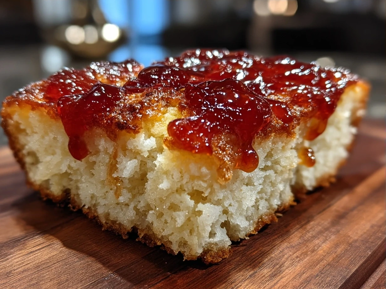 Freshly baked jam donut focaccia, golden brown with powdered sugar dusting, ready to serve