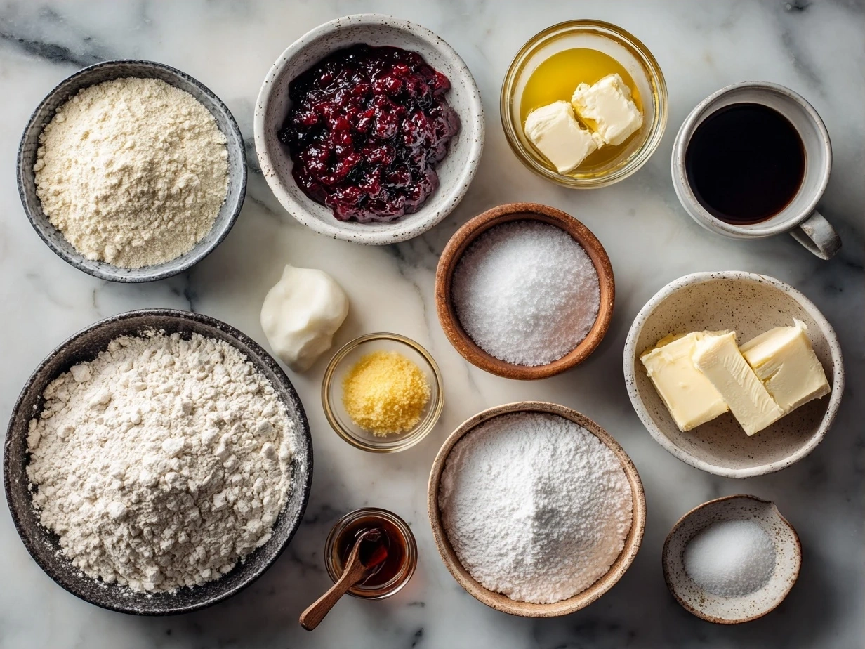 Ingredients for jam donut focaccia laid out on a wooden table, including flour, yeast, sugar, salt, olive oil, jam, and powdered sugar