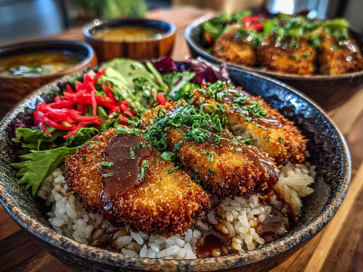 Finished Japanese Katsu Bowls recipe with crispy cutlet, rice and garnishes