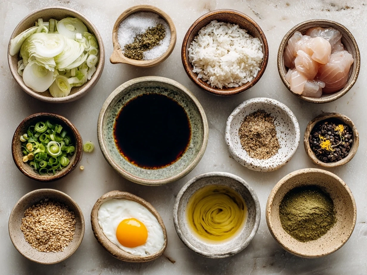 Ingredients for Japanese Katsu Bowls recipe including chicken breasts, panko breadcrumbs, flour, eggs, oil, rice, and tonkatsu sauce