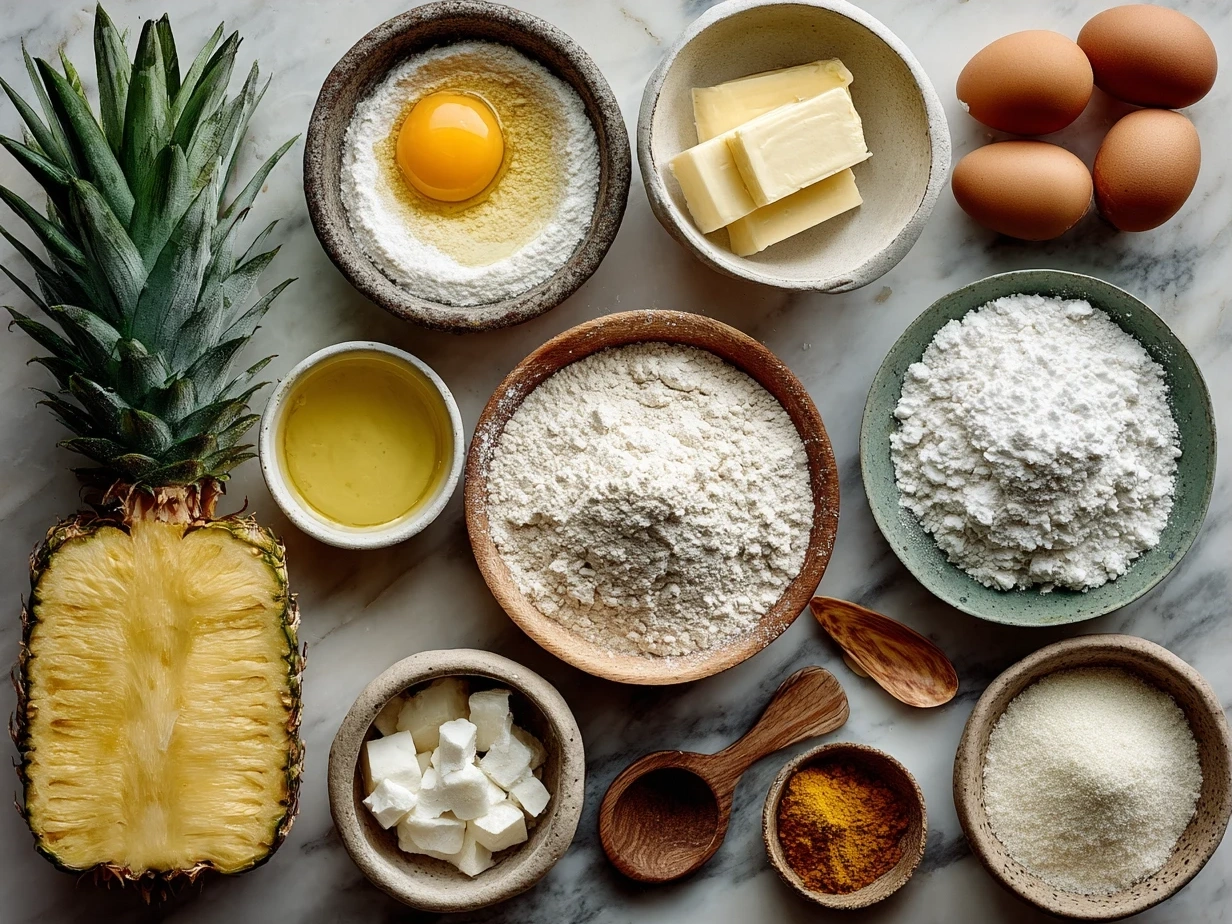 Ingredients for Juicy Pineapple Cake laid out on a wooden table
