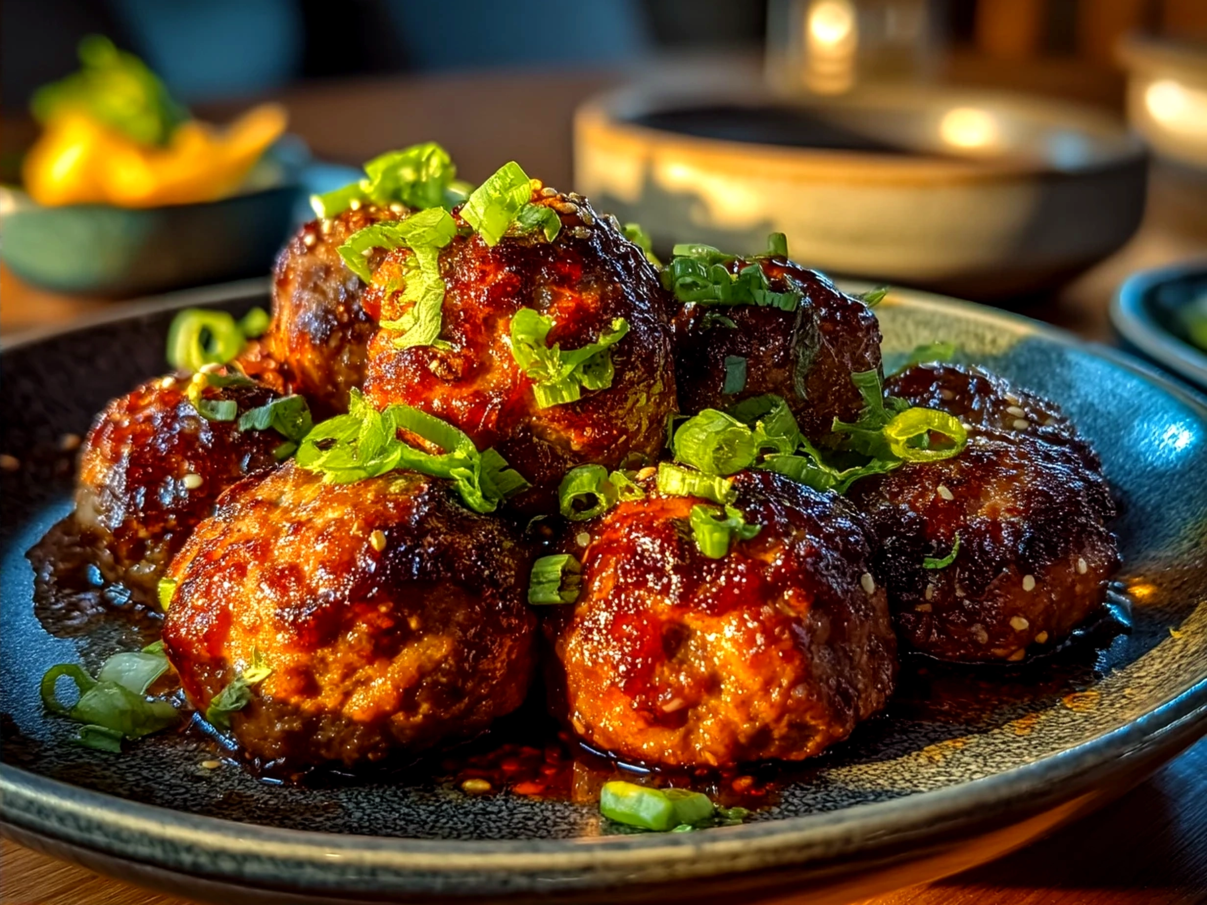 Korean BBQ Meatballs served over rice garnished with green onions and sesame seeds