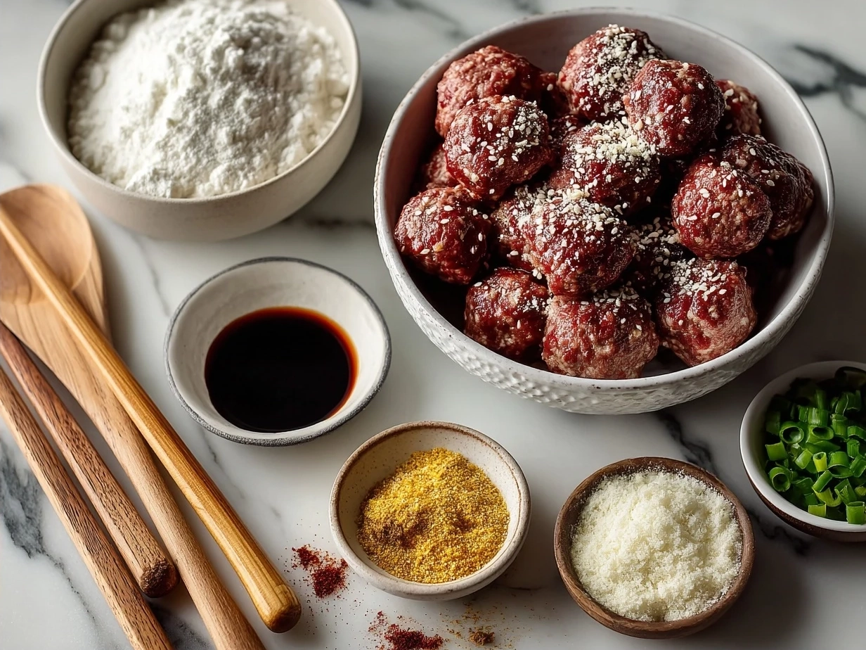 Ingredients for Korean BBQ Meatballs including garlic, green onions, soy sauce, ground meat and spices