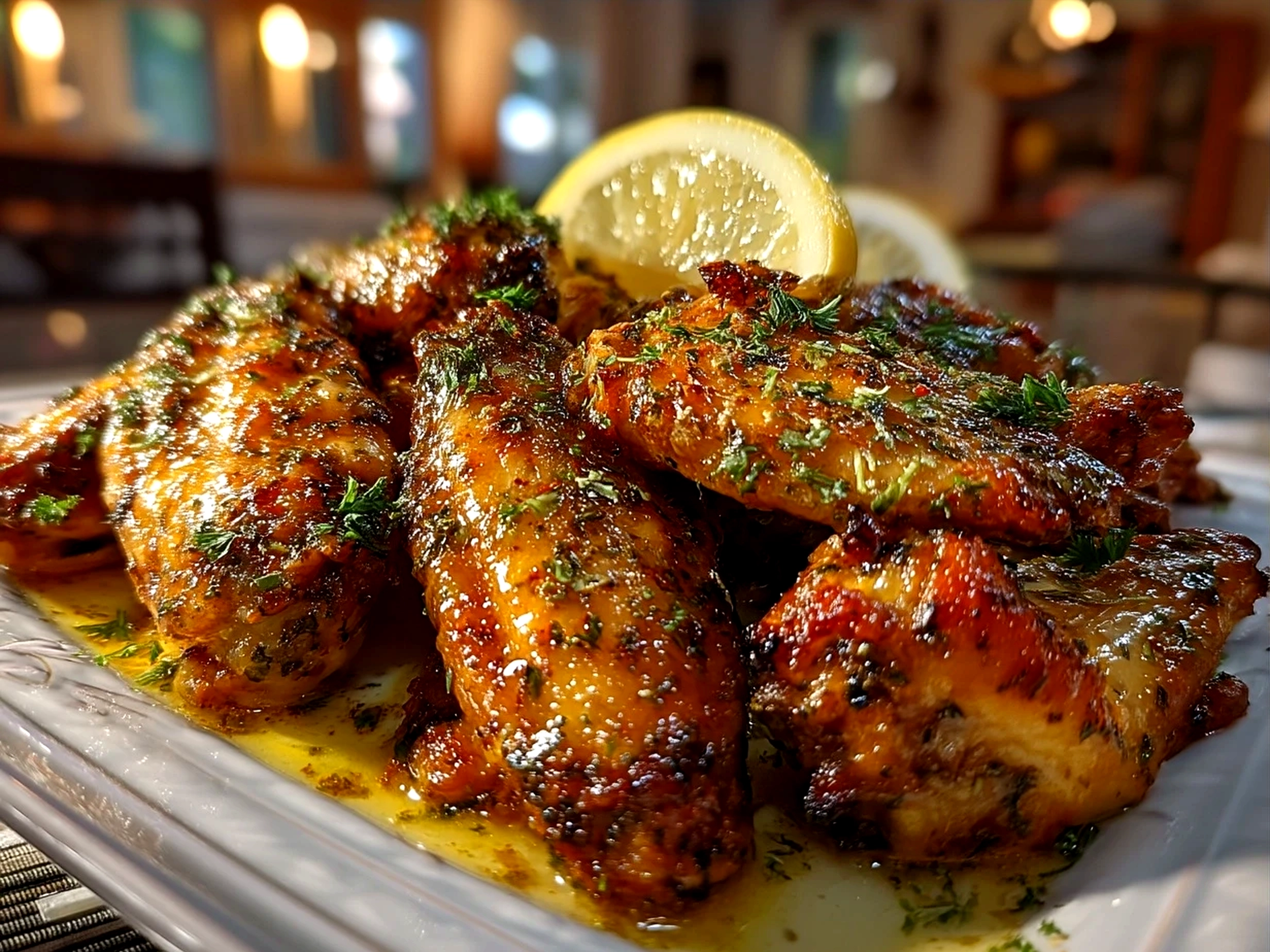 Serving platter of finished crispy Lemon Pepper Wings with celery sticks