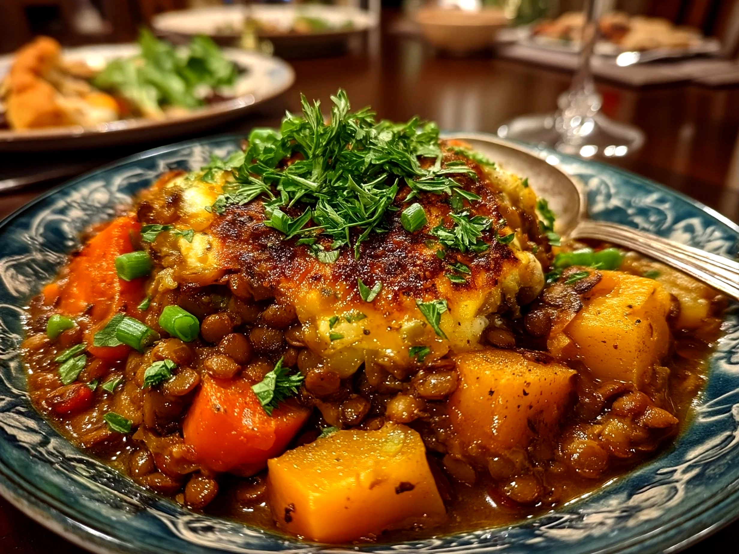 Hearty lentil hotpot served with crusty bread and fresh salad