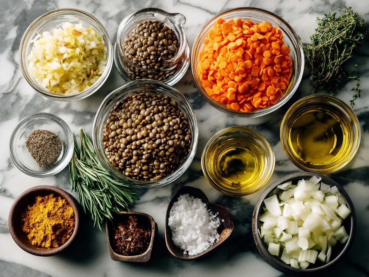 Ingredients for hearty lentil hotpot laid out on table