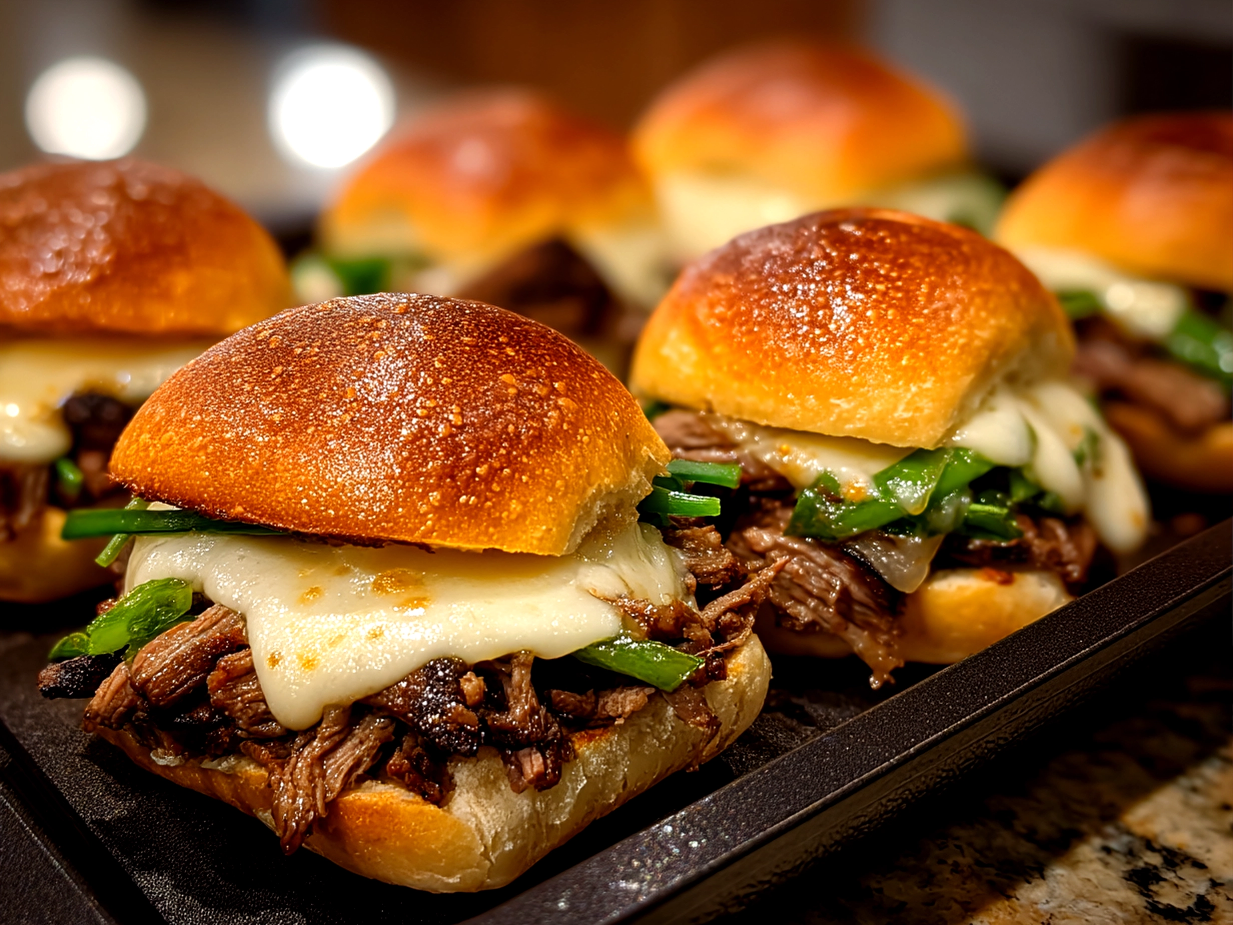 A platter of Loaded Philly Cheesesteak Sliders served with sides