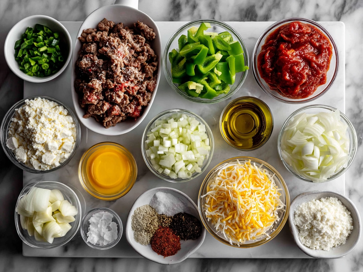 Ingredients for Loaded Philly Cheesesteak Sliders: beef, bell peppers, onions, slider buns, cheese, and olive oil