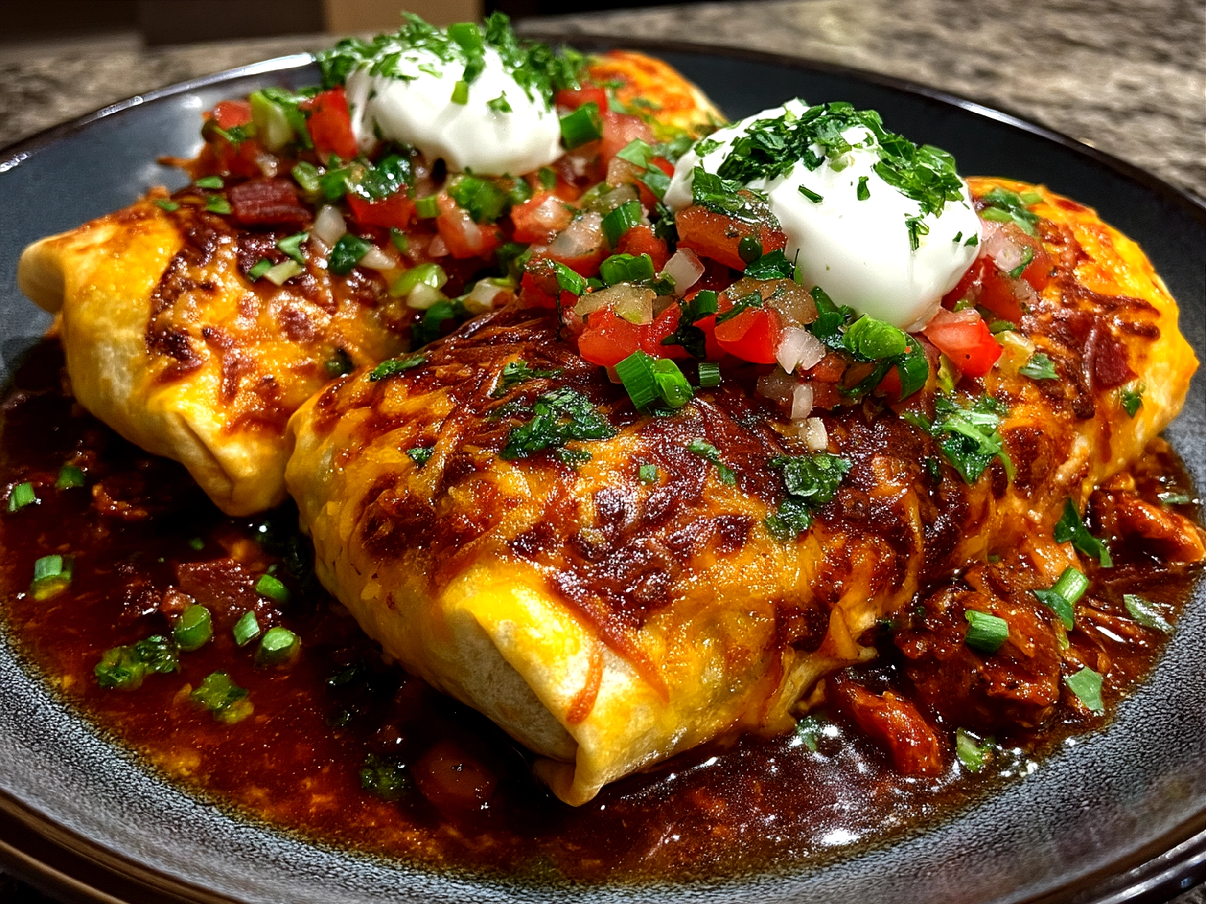 Served Loaded Sweet Potato Burritos garnished with avocado slices and salsa