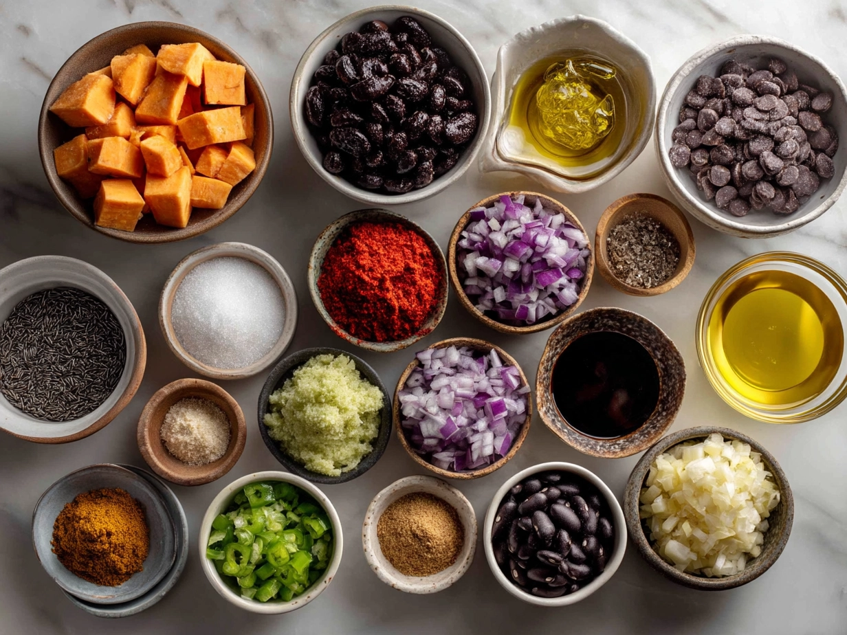 Ingredients for Loaded Sweet Potato Burritos including sweet potatoes, black beans, onions, garlic, and spices