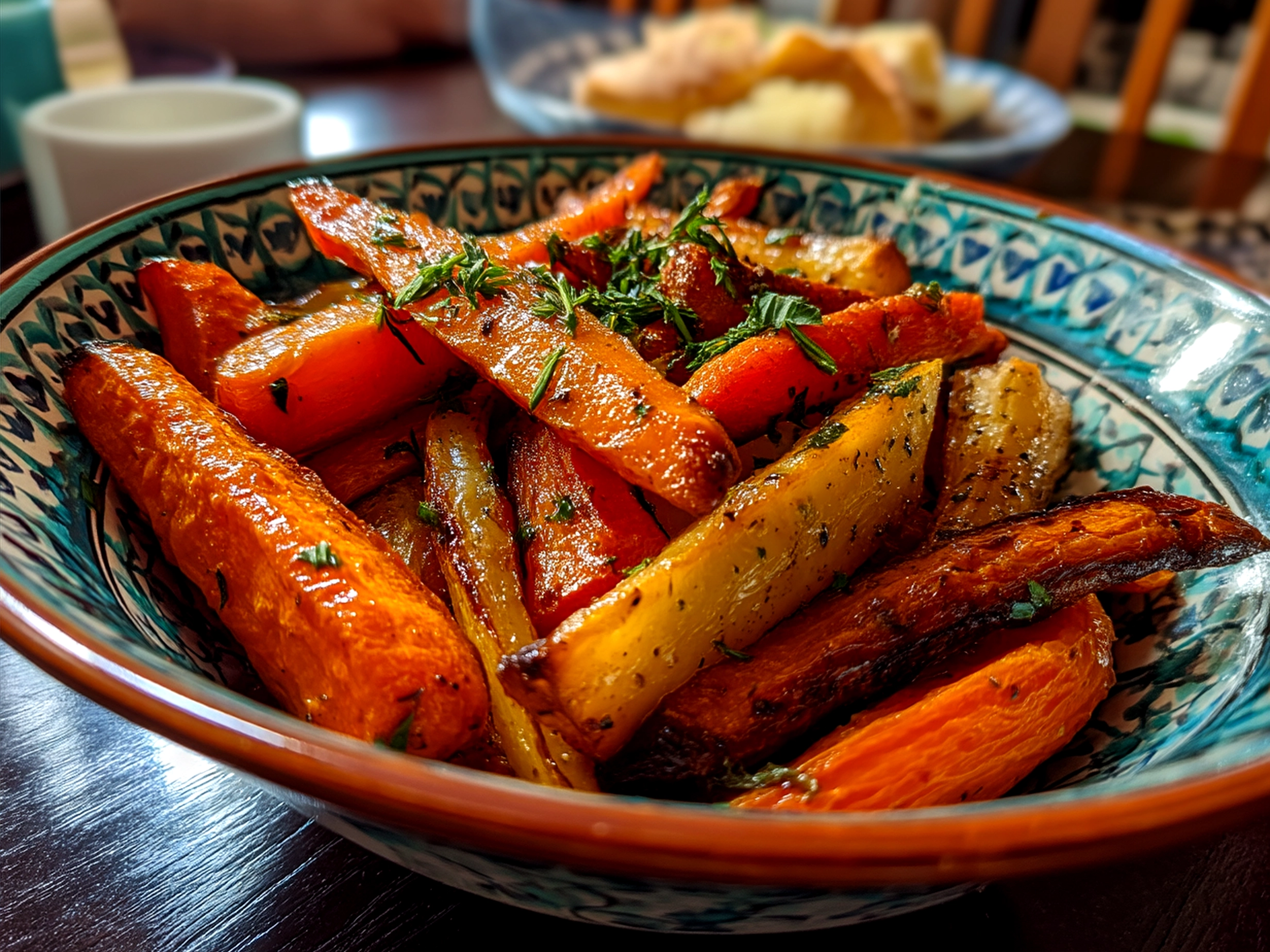 Plated Maple Carrot Fries served on a rustic platter garnished with fresh herbs